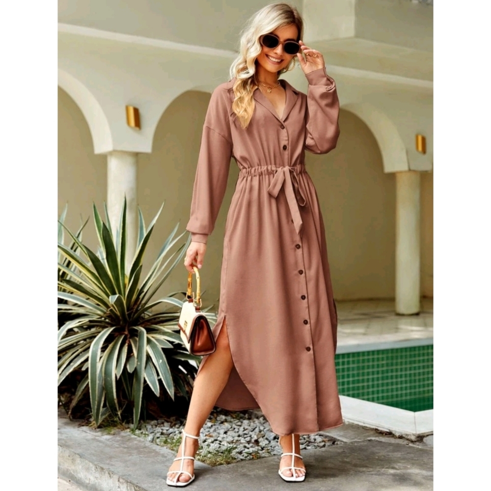 Drop Shoulder Drawstring Waist Shirt Maxi Dress